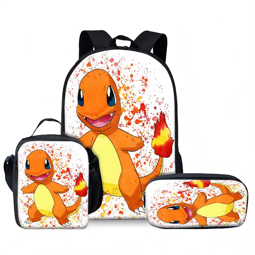 Kids Bag,Pokemon,Charmander 3pcs Backpack Set Splatter Paint Print Breathable Canvas School Bag for Kids Students