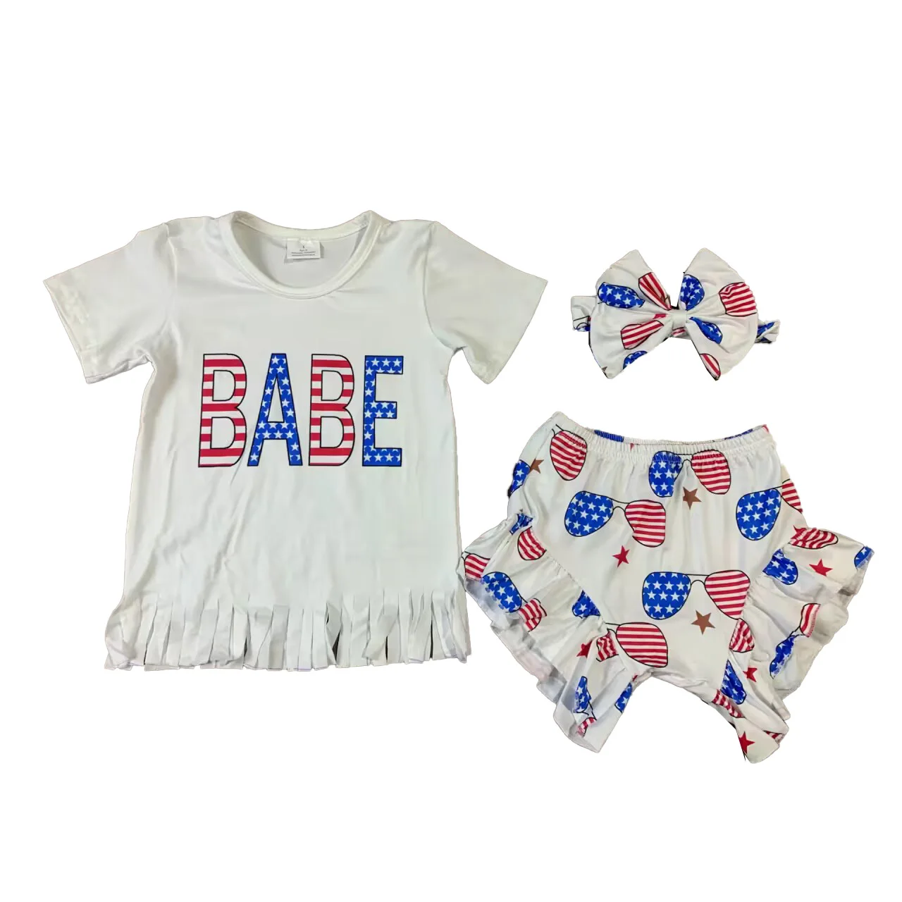 

Wholesale 4th of July children's white suit, printed letters BABE short sleeves, five-pointed star striped shorts