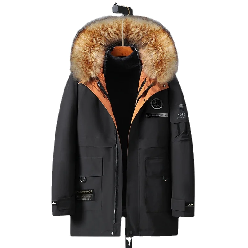 Chaqueta de invierno de gran tamaño para hombre, Parka de algodón de felpa, sombrero desmontable, chaquetas de trabajo, ropa con cuello de piel, abrigo grueso y cálido de invierno