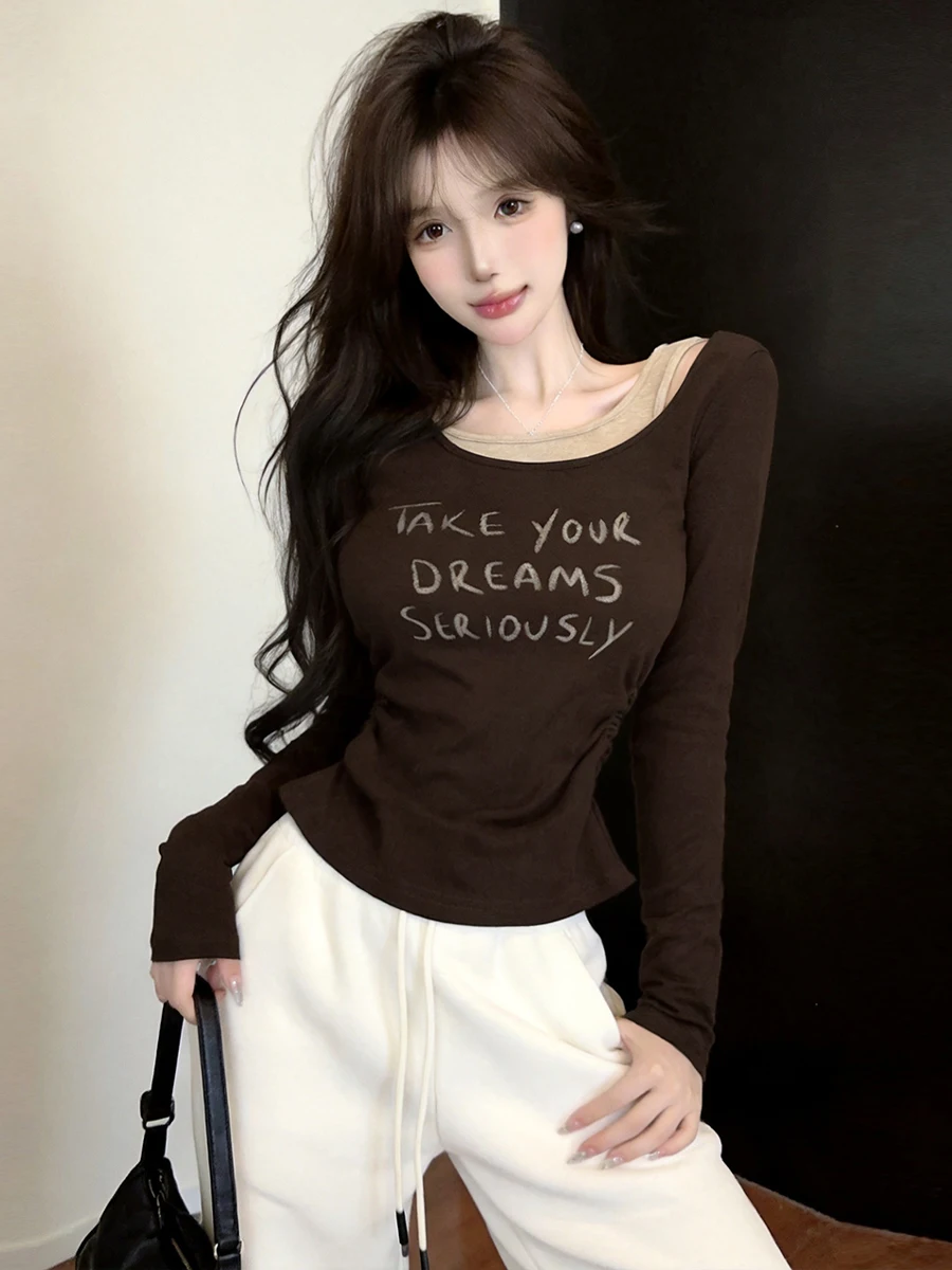 Fashion Casual Style Long Sleeve T-Shirt Women's Slim Fit Base Shirt Top Color Block Letter Print High Waist round Neck Tee
