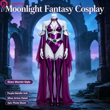 Costume da supereroe Starfire per cosplay, tuta intera color viola metallizzato con mantello abbinato, costume da supereroe anime per Halloween, carnevale e spettacoli teatrali.