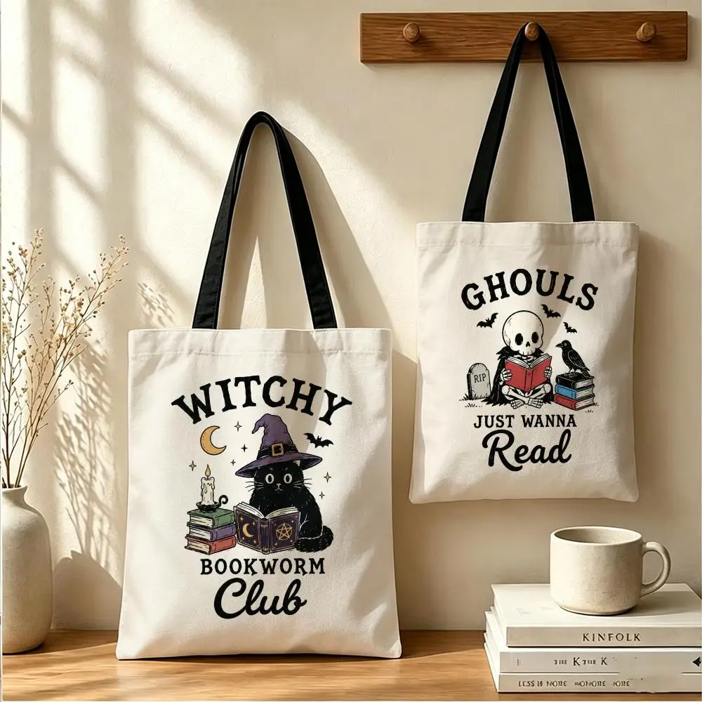 Spooky Readers Book Club Storage Bags Large Capacity Canvas Tote Bag Double-Sided Print Shoulder Handbag for Daily Shopping