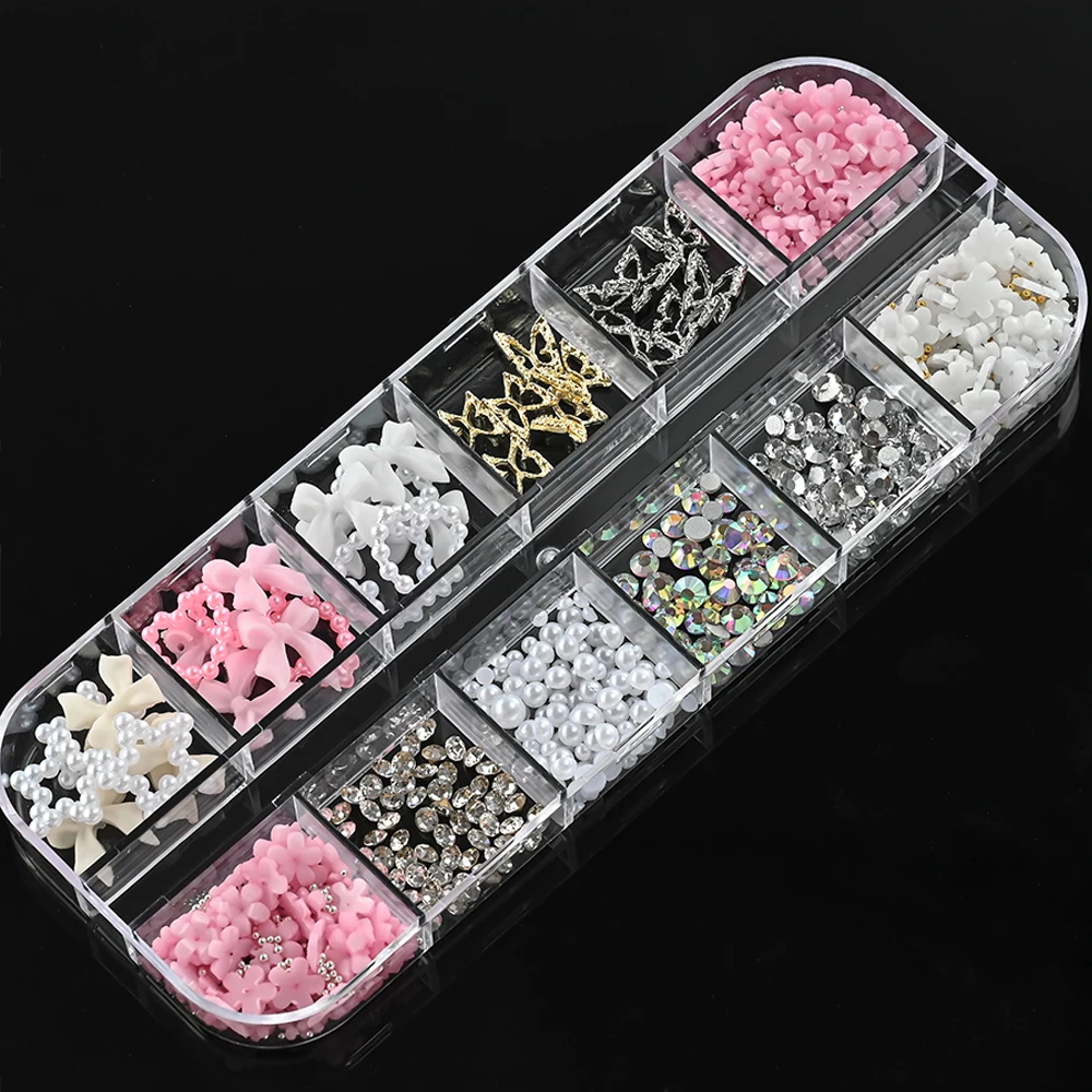 12 Grids Rosa Gemischte Harz Bogen Blume Perle Herz Nagel Charms Legierung Hohl Schmetterling Strass Nagel Dekorationen Maniküre Schmuck
