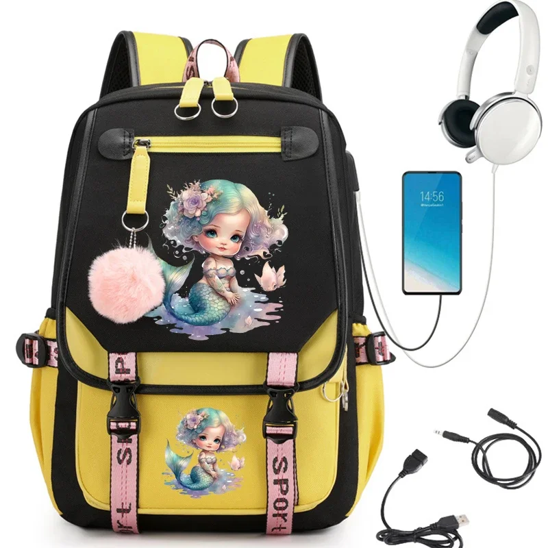 Mochila escolar con estampado de princesa sirena, Bolsa Escolar de dibujos animados para estudiantes, adolescentes, Mochila para portátil, Mochila para adolescentes, Mochila Kawaii