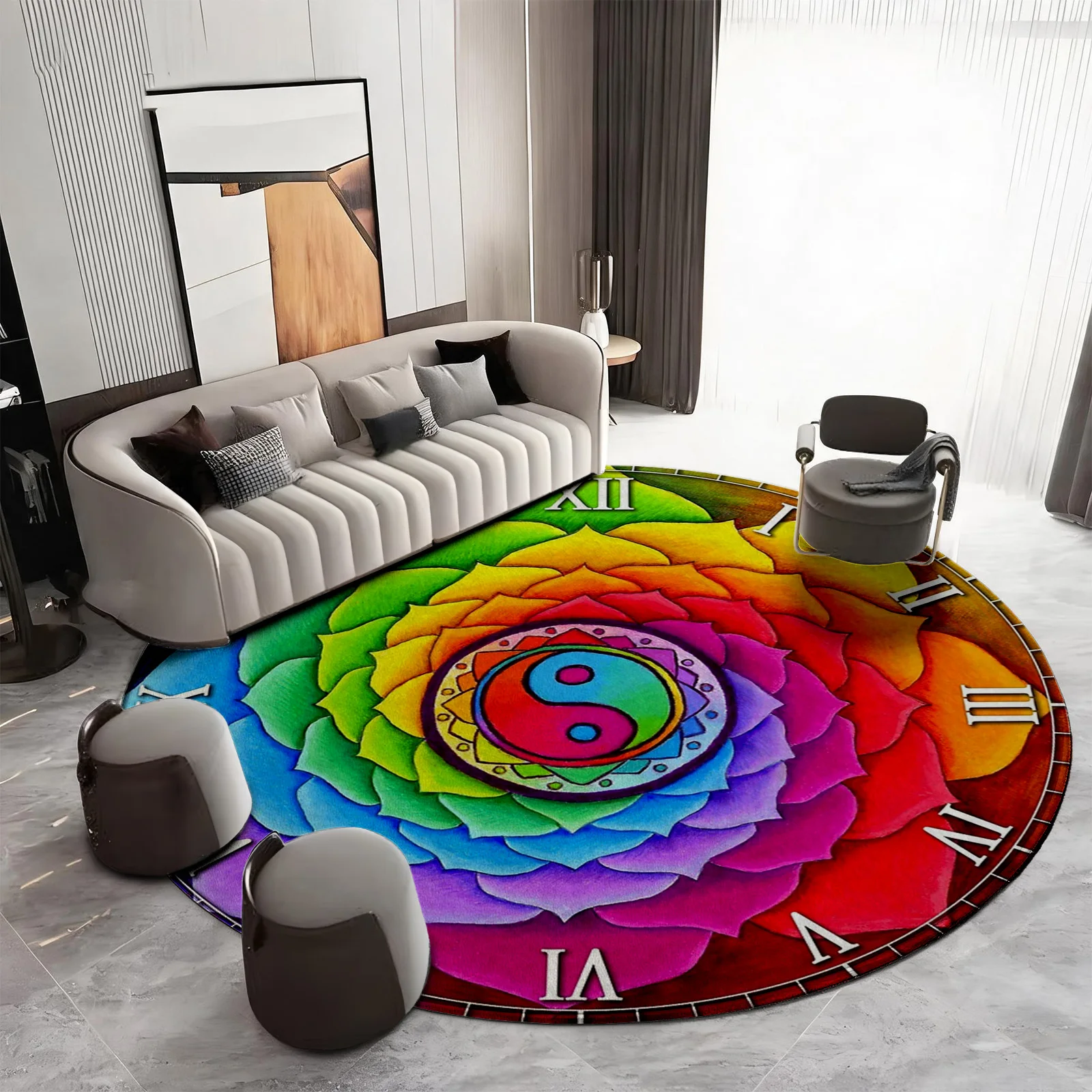 Vibrant Boho Mandala Yin Yang Chakra Yoga Astrology Round Rug Bohemian Carpet Mat Modern Aesthetic Living Room Floor Decor Area