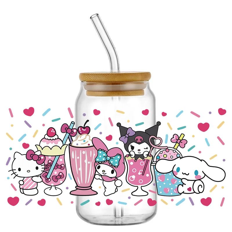 Miniso Kitty-pegatina personalizada UV DTF para taza de vidrio de 16oz, puede envolver calcomanía de transferencia, etiquetas personalizadas, logotipo DIY, regalo de fiesta