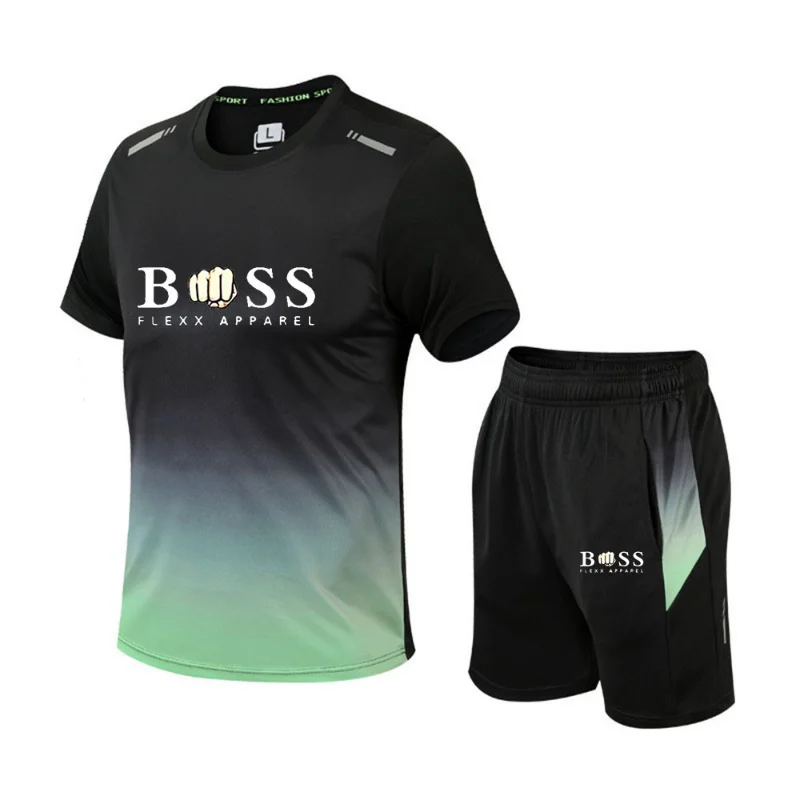 

2024 New Summer Sportswear For Men Gradient Printing Badminton Suit Outdoor Running T-shirt Shorts Breathable Men's Sports Suit