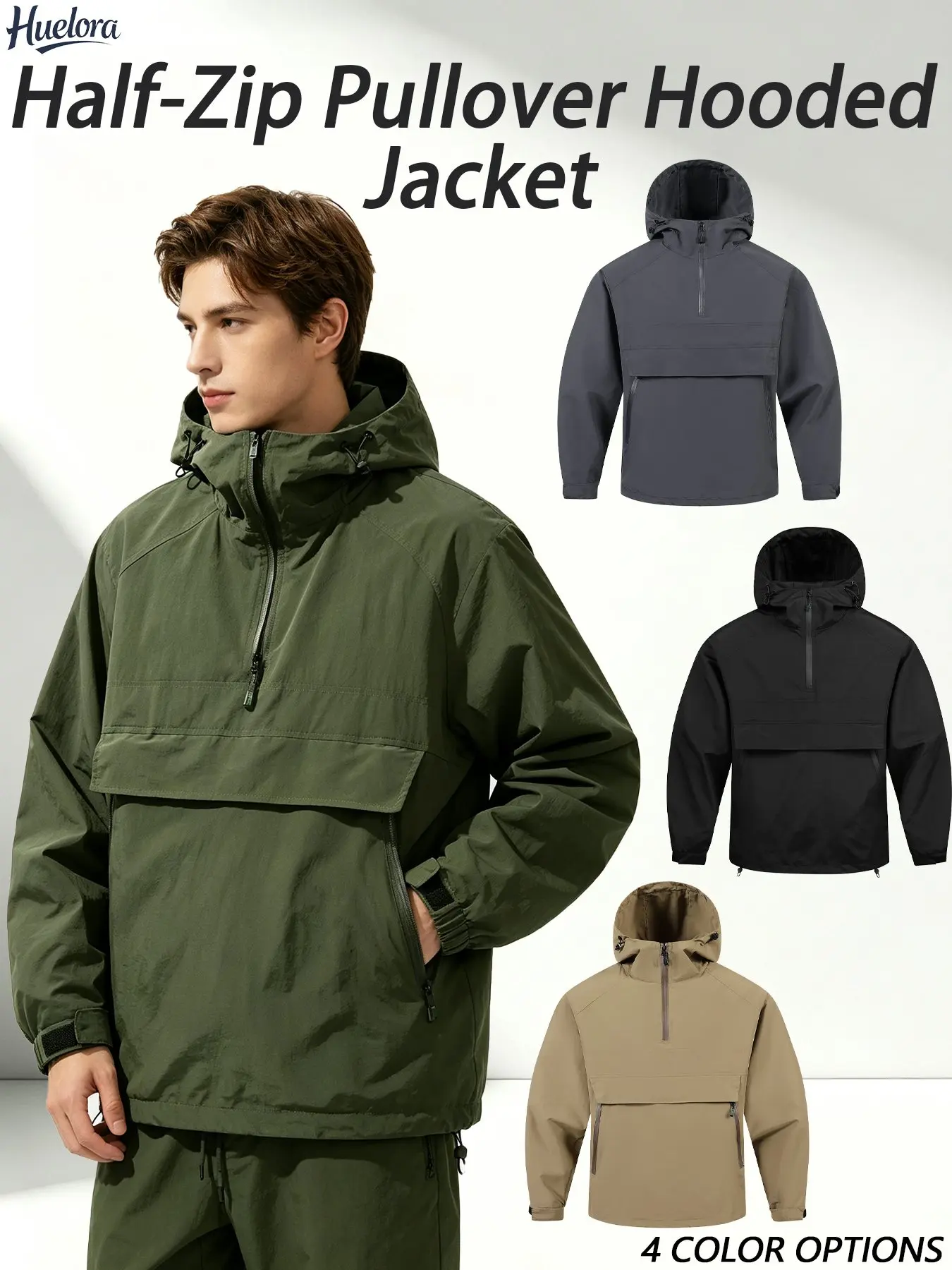 Men Half‑Zip Pullover Anorak Hooded Jacket Windproof Breathable Outdoor Windbreaker Multi Pockets Casual Hoodie Coat