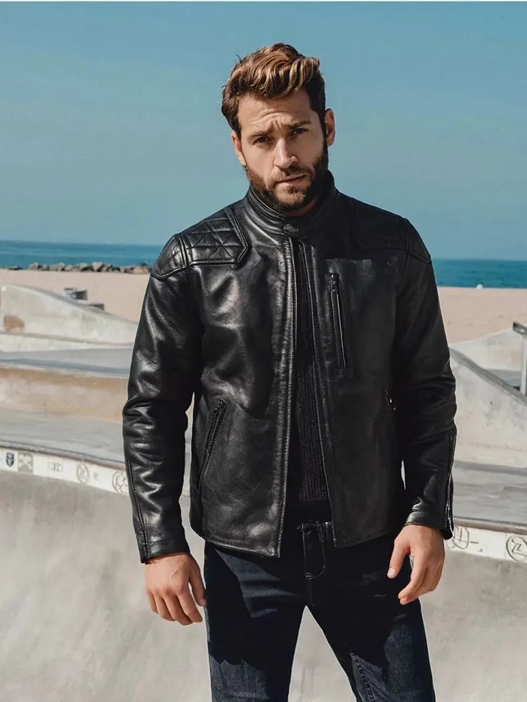 

Black Winter Leather Jacket Men Sports Style Plus Size 5XL Genuine Natural Cowhide Thick Warm Stand Collar Slim Fit Leather Coat