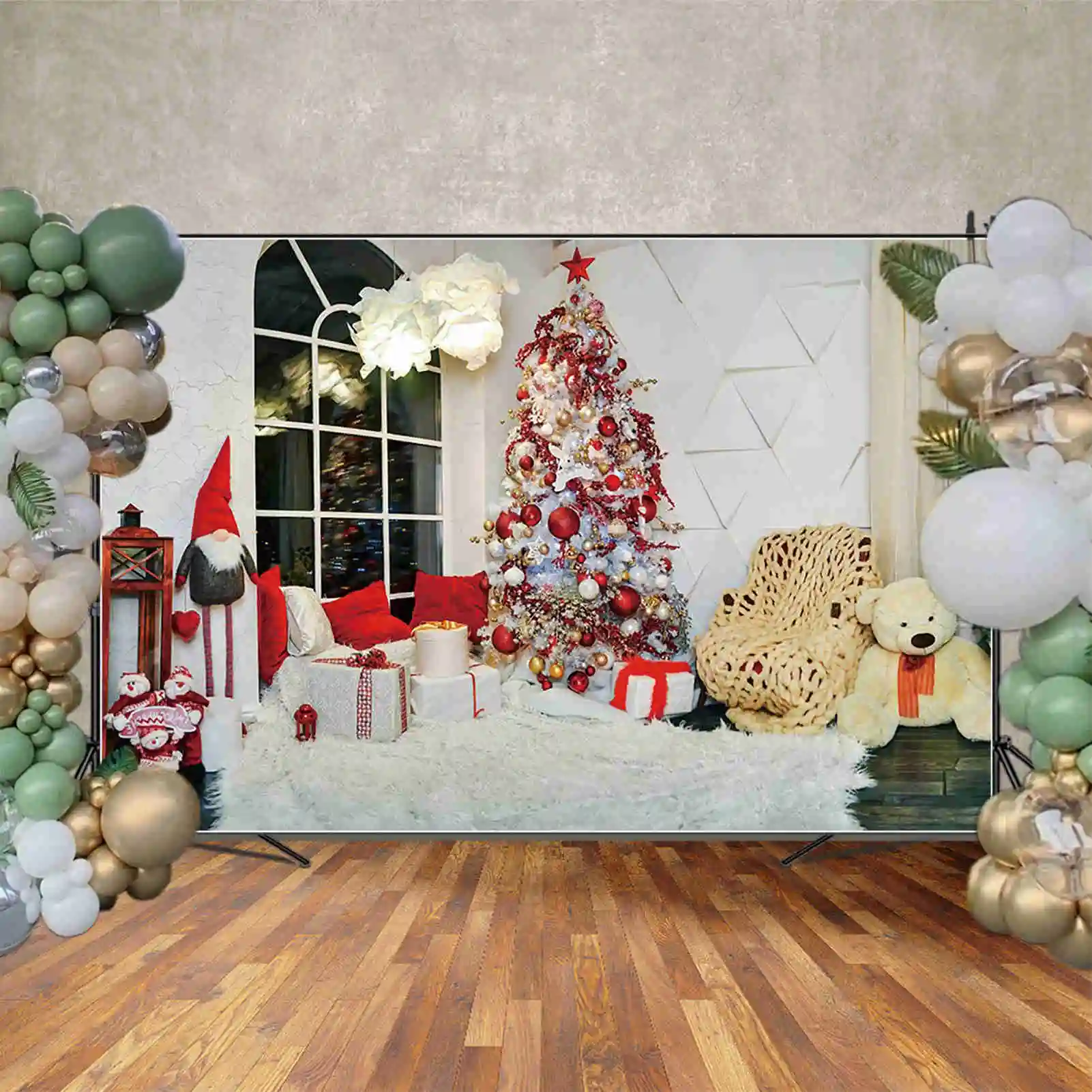 MOON.QG Happy New Year Background Photography Xmas Trees Sofa Interior Photozone Backdrop Children Photo Studio Photocall Props