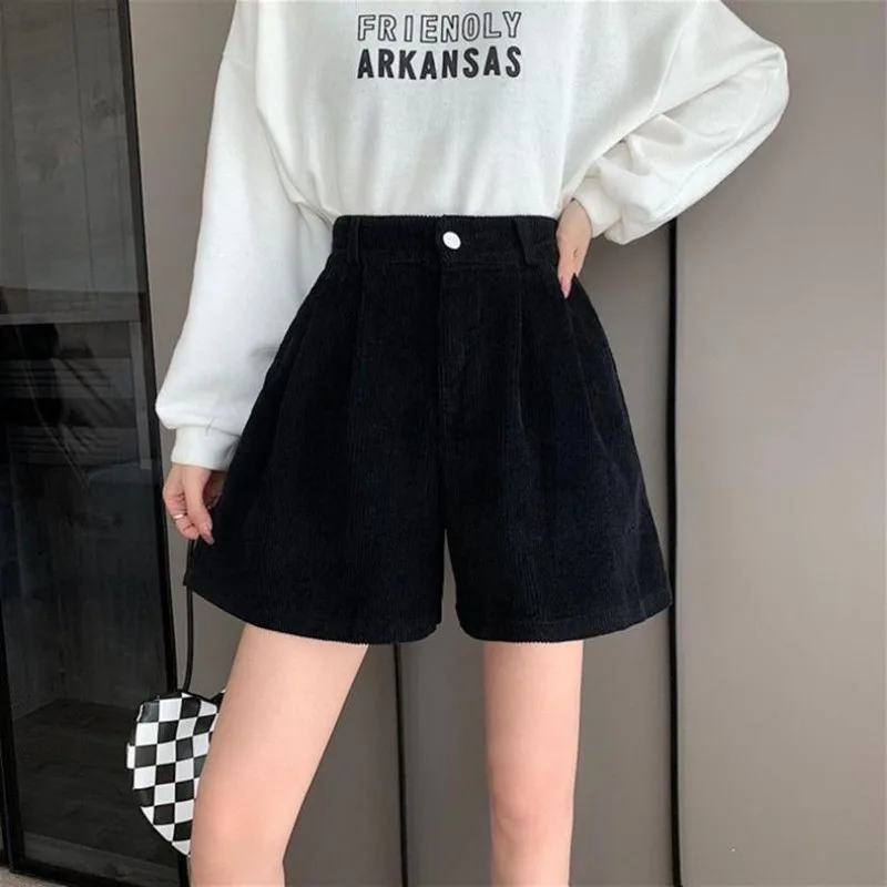 Corduroy Shorts Women Solid Baggy Wide Leg Cute Students Harajuku Fashion Y2k High Waist Spring Autumn Leisure Vintage Street