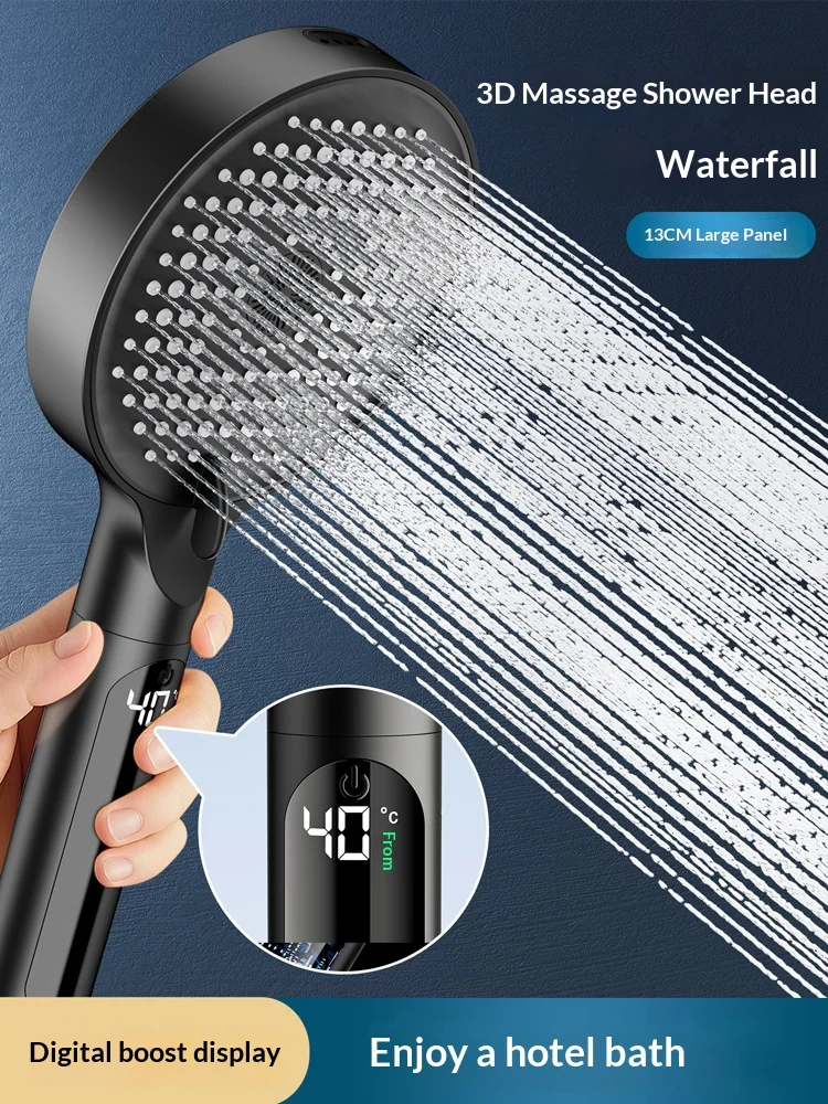 

Digital temperature Handheld shower head pressurized 4 water outlet Modes Spray Nozzle Bathroom Accessories 3D Massage