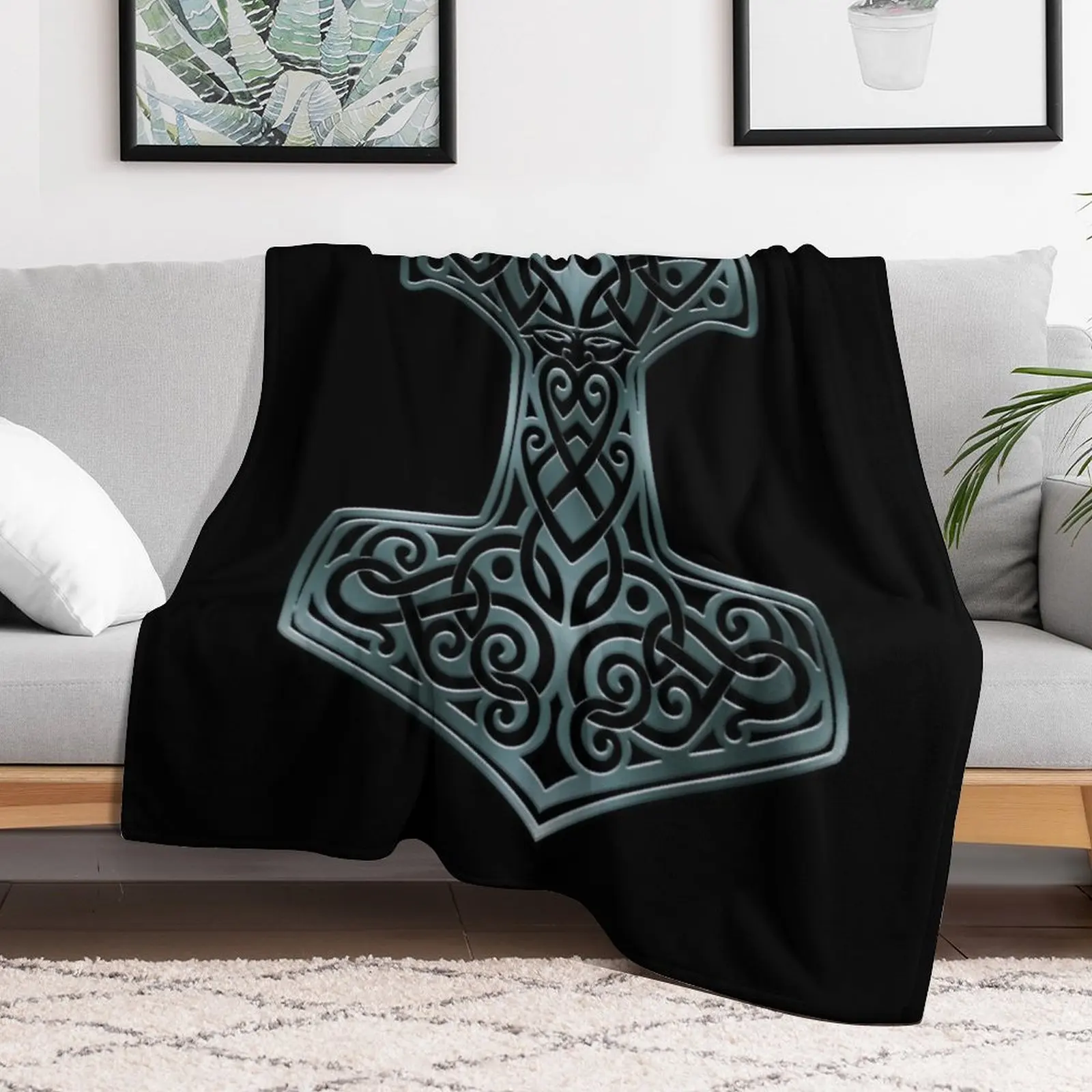 Vikings - Thor's Hammer Mjolnir Nordic Knotwork Throw Blanket Flannel Fleece Soft Warm Throw Blanket