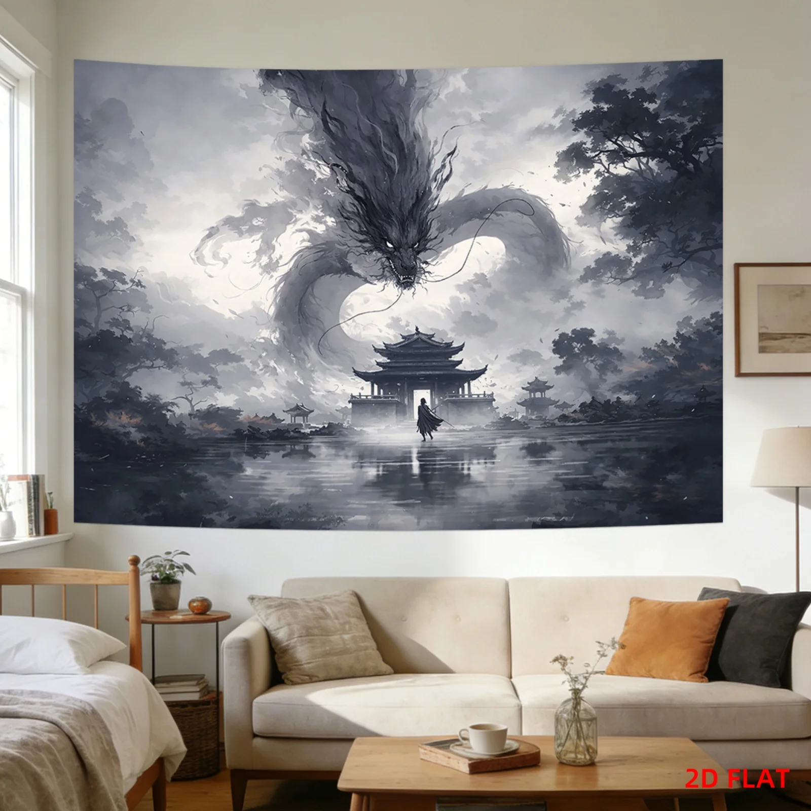 Japanese Temple Tapestry Polyester Wall Hanging Misty Forest Dragon Samurai Living Room  wall tapestry aesthetic room decor