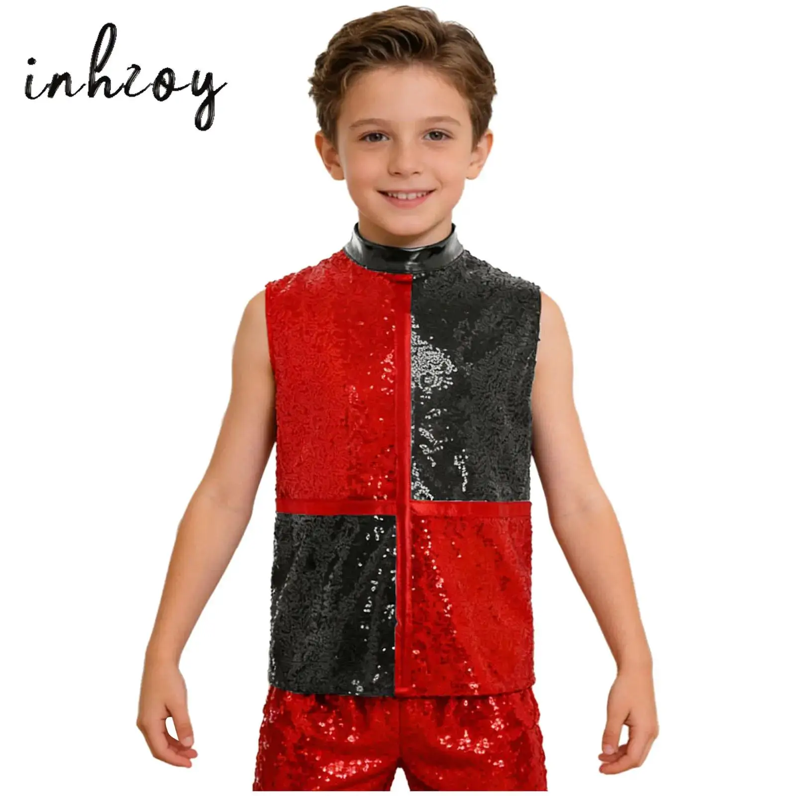 

Boys Girls Modern Jazz Hip Hop Street Dance Shirt T-Shirt Sparkly Sequins Sleeveless Loose Dance Top Blouse Stage Clothes