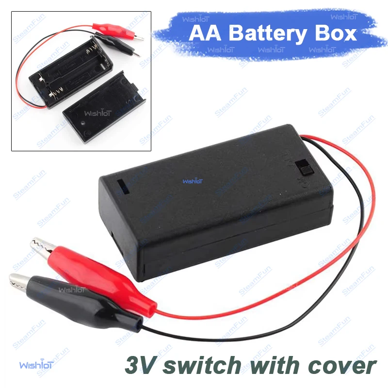 2 AA Batteries 3V Battery Holder Case Box with Alligator Clip & ON/Off Switch & Cover