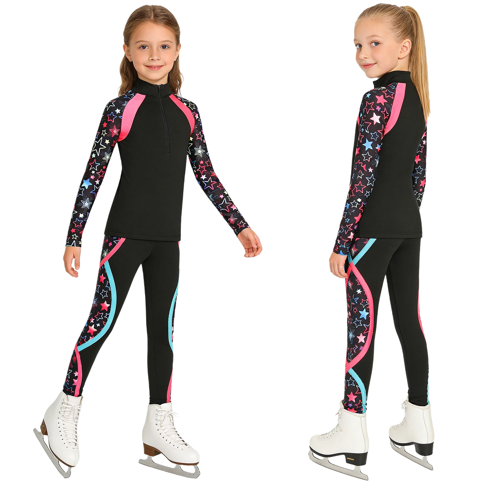 Children Girls Fleece-lined Gymnastics Figure Skating Ballet Dance Performance Outfit Zip-up Long Sleeve Pullover Top+Pants Sets