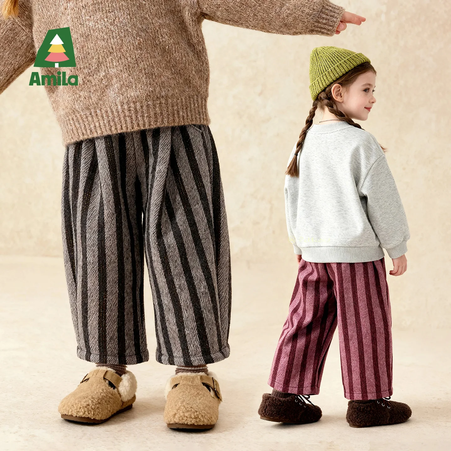 Amila 2026 Kids Girls' Winter Retro Casual Pants With Vertical Stripe Design And Elastic Waist Belt For Loose And Comfortable
