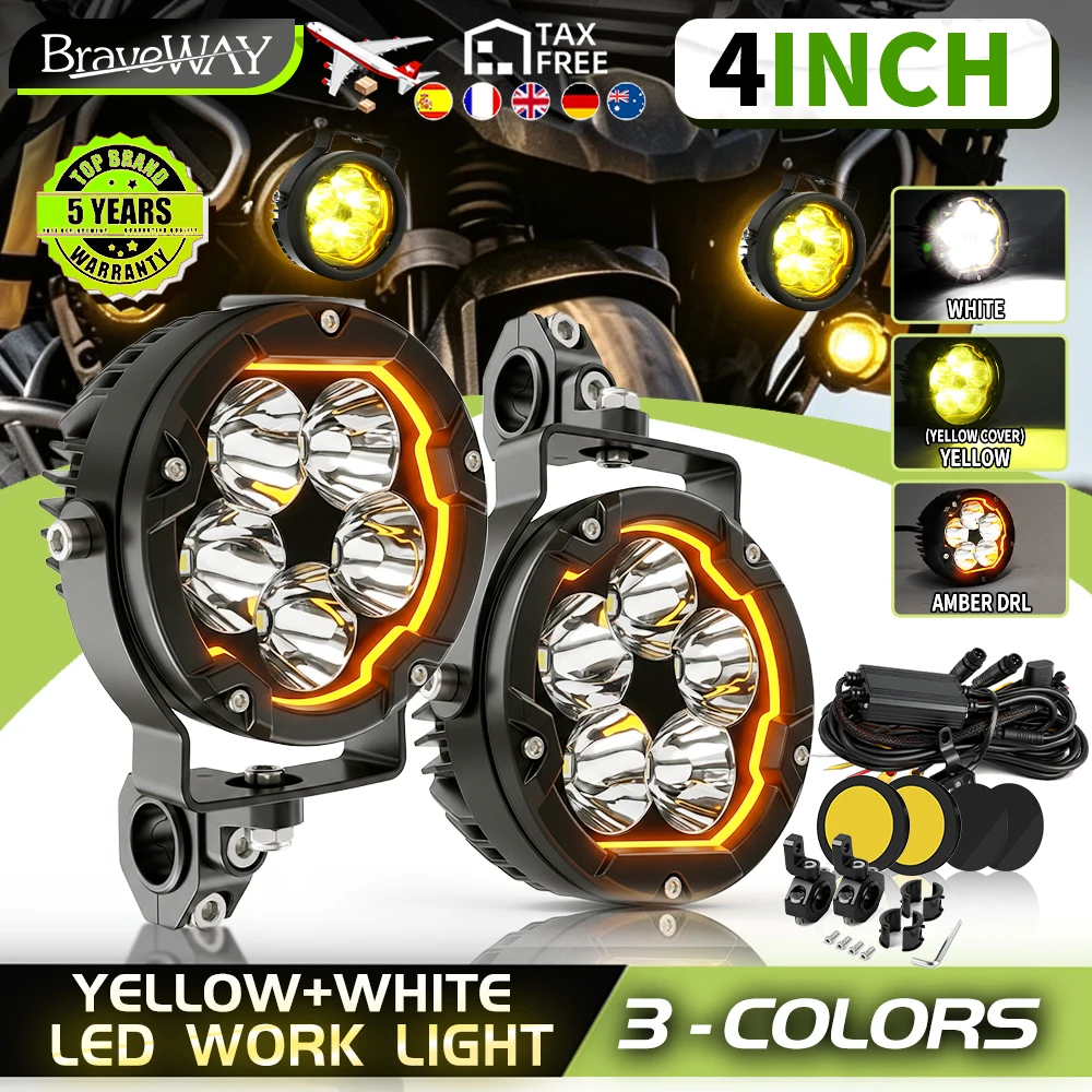 BraveWay Universal-Motorrad-LED-Leuchten, LED-Scheinwerfer, 4 Zoll, bernsteinfarbenes DRL, wasserdichte Zusatzlampe, blendfrei, für ATV, Roller, Dirtbike, Abenteuermotorrad