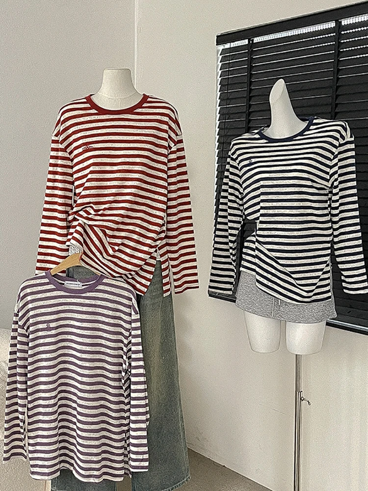 

Korean Striped T-shirt for Women Spring Summer Stylish O-neck Loose Long Sleeve Pullover Versatile Tees Women's Tops Trendy