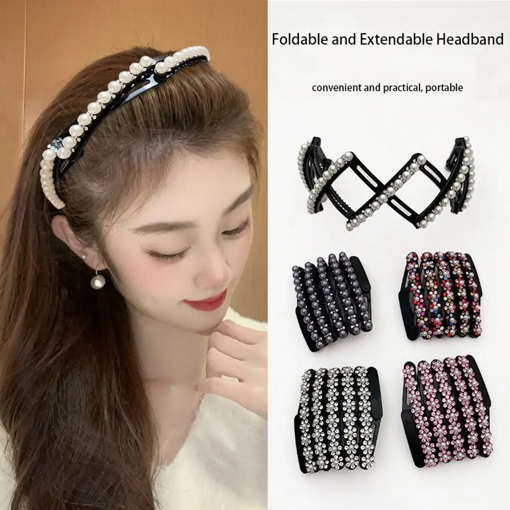 Cute Foldable Rhinestone Headband Flower Extendable Pearl Hair Band Thin Face Wash Hairband Female Hair Accessories