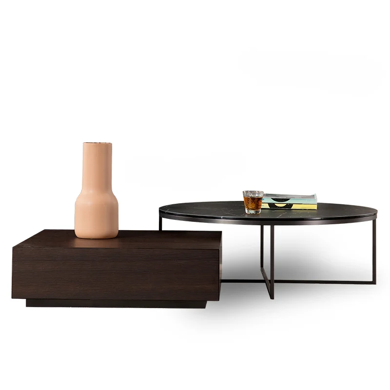 Italian Coffee Combination Small Apartment Smoked Wood Leather Light Luxury Modern Minimalist Living Room Coffee Table