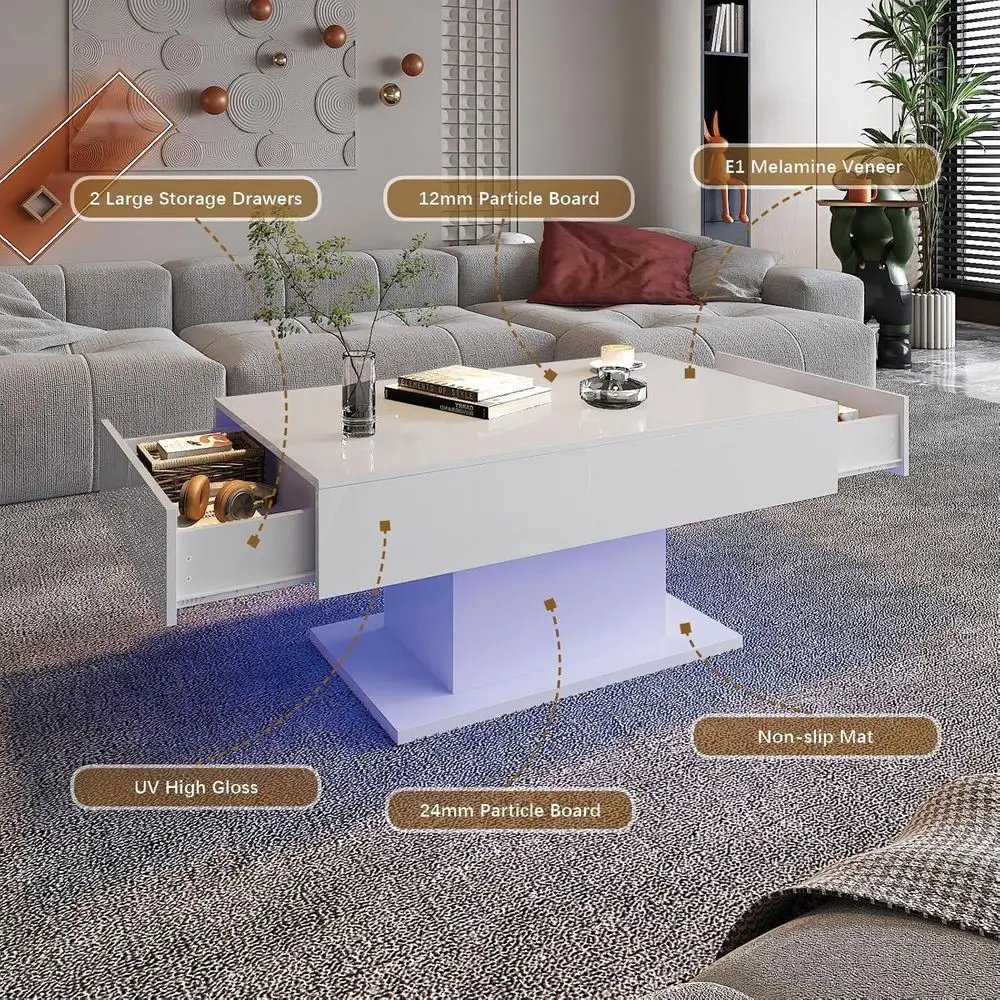 Modern Rectangular LED Coffee Table with 2 Drawers for Living & Dining Rooms