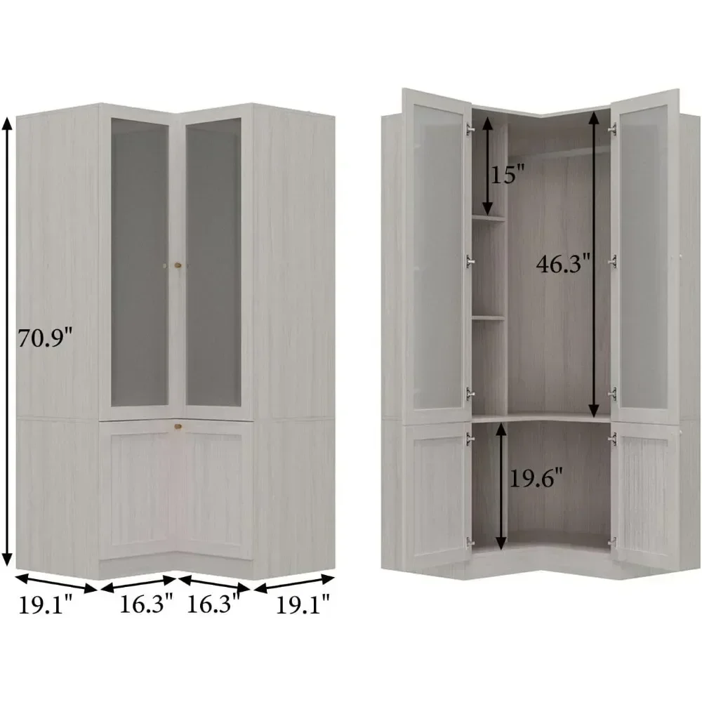 Wardrobe Closet with 2 Acrylic Doors, Armoire Wardrobe Closet with Hanging Rod, for Bedroom Wood Grain