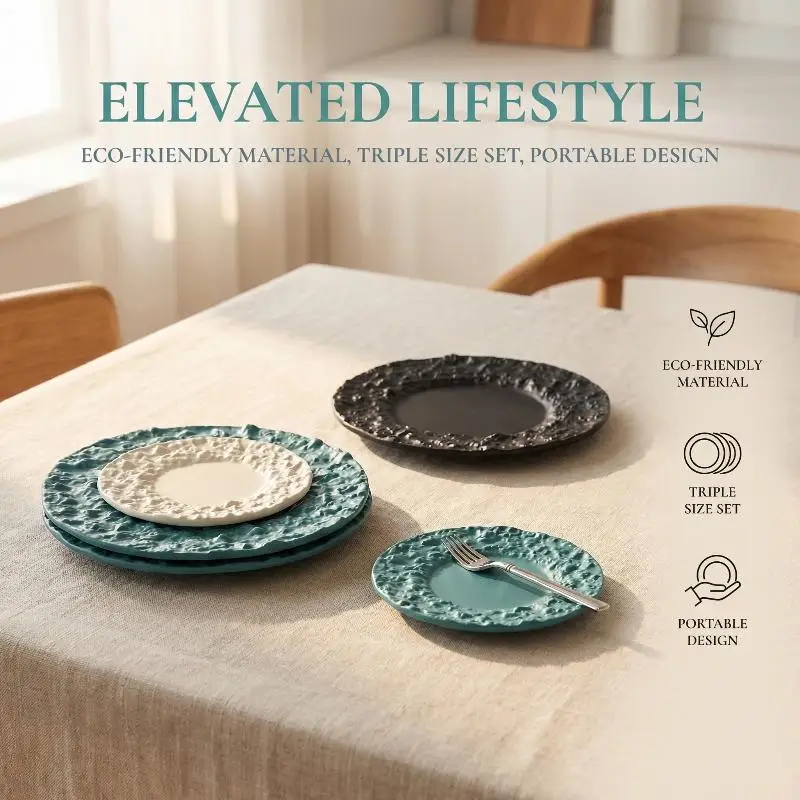 Dollhouse Miniature Plate 3Pcs Set Rock Pattern Round Dinner Steak Dessert Dish for Kids DIY Pretend Play Cooking