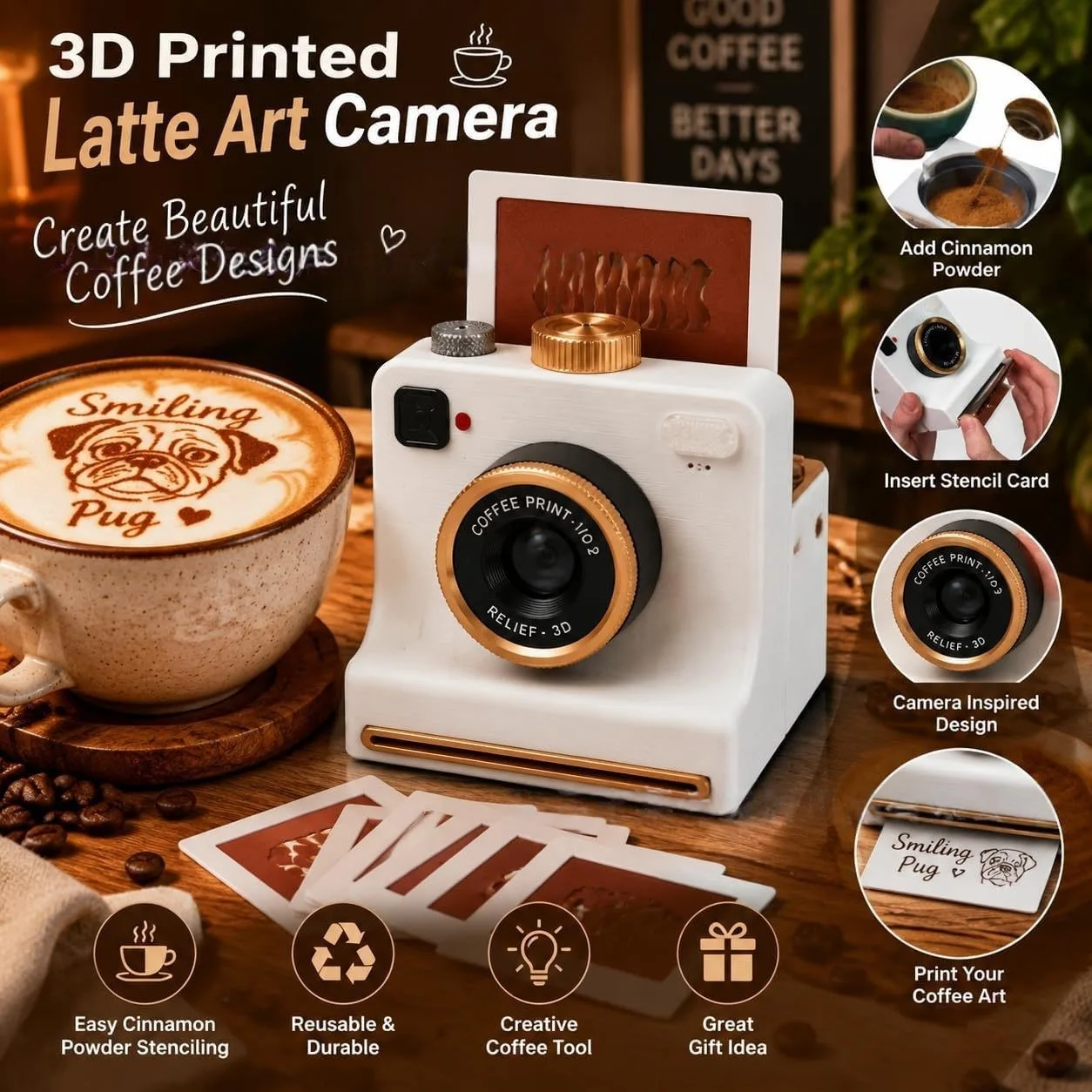 3D Printed Latte Art Camera One‑Touch Coffee Printer with 4 Stencil Cards Miniature Instant Camera Coffee Stencils Latte Art