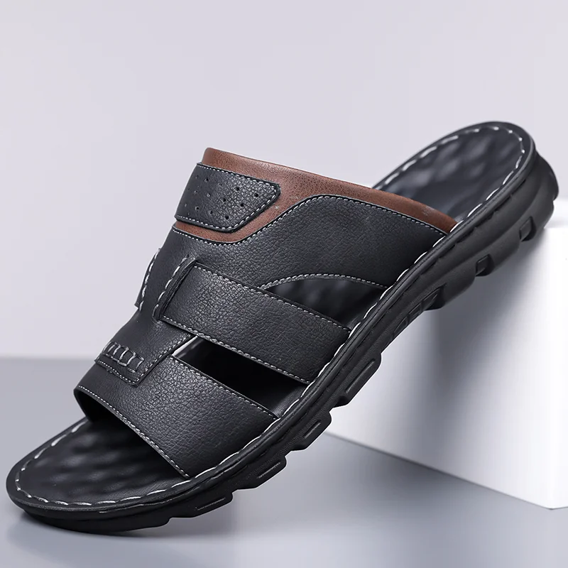 

Genuine Leather Men Slides Summer Casual Beach Sandals Non Slip Soft Sole Outdoor Daily Footwear