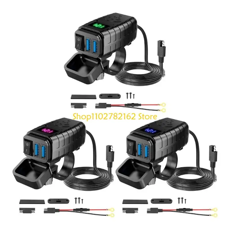 

547B Motorcycle USB Charging Adapter Double QC3.0 Fast Charging with Display Switches ABS Material Motorbike Accessories