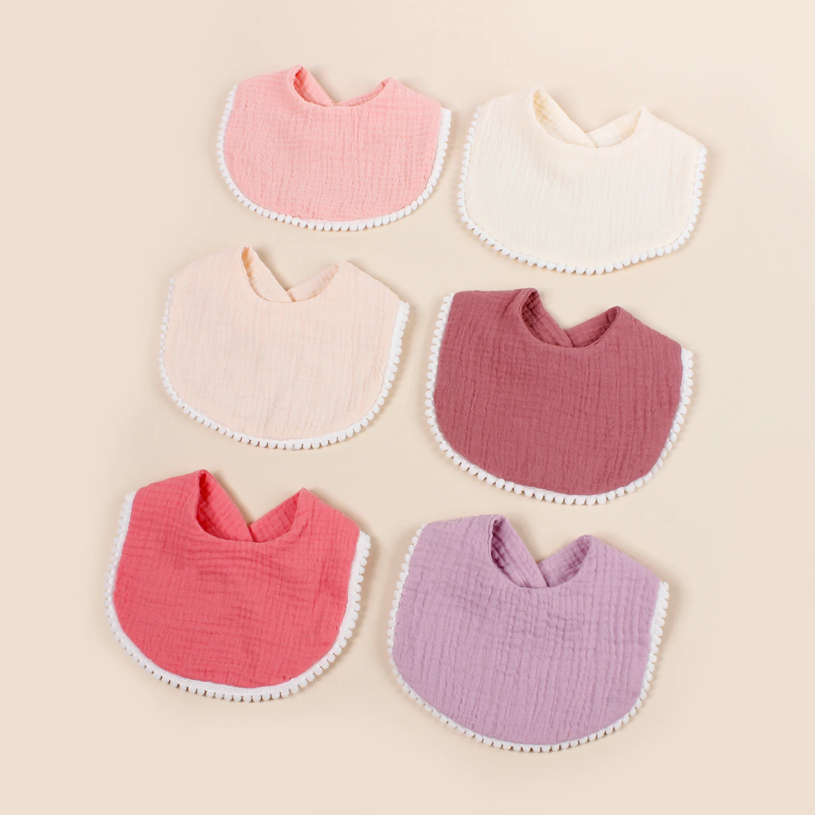 6pcs/Lot Double Layer Cotton Muslin Solid Color Baby Bib Polyester Fabric Lace Dorp Shape Towel With Button