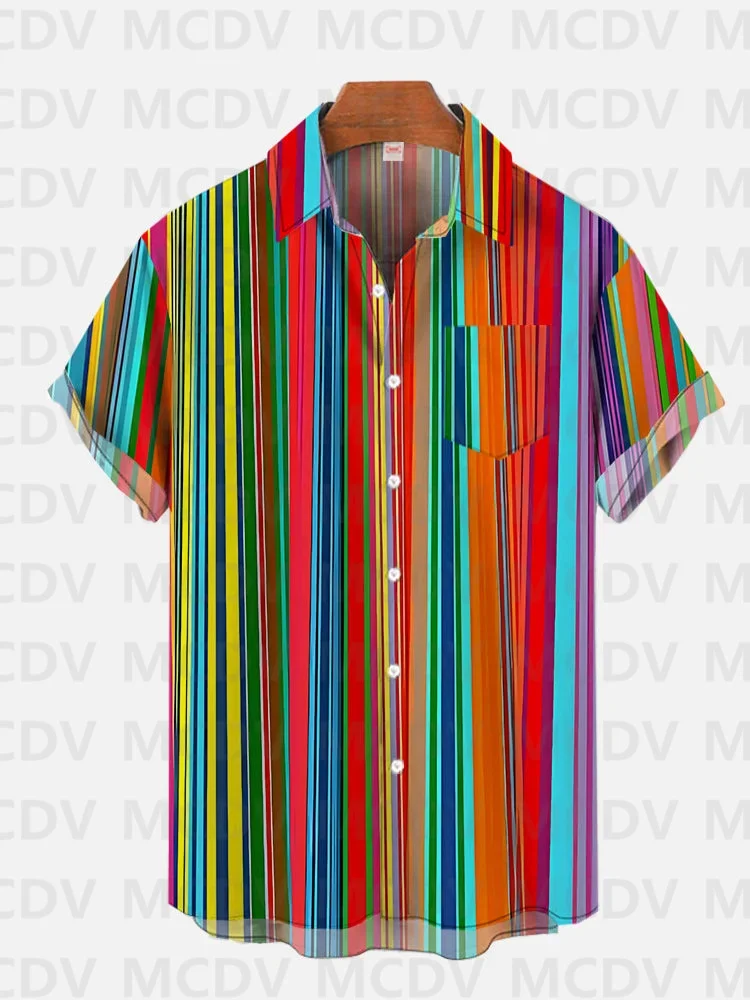 

Hawaiian Tribal Style Rainbow Vertical Stripes Printing Breast Pocket Short Sleeve Shirt