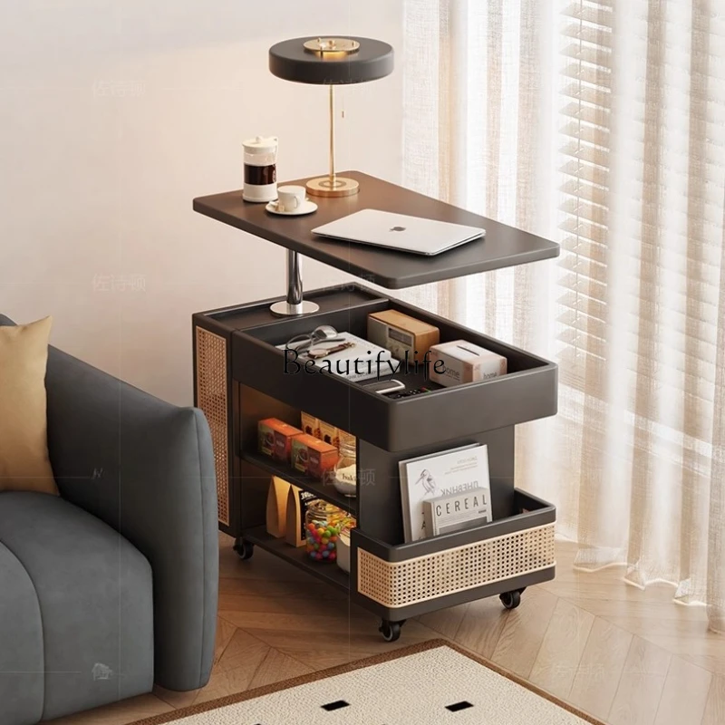 

**The small coffee table next to the retro style sofa has an artistic sense, and the small side table is black.
