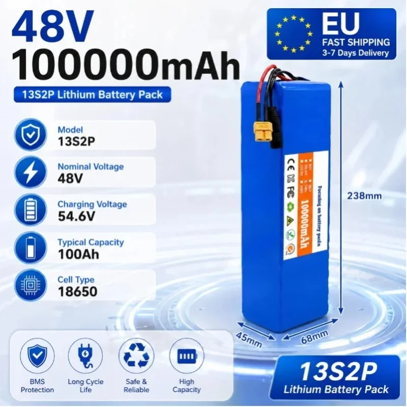 48V Lithium-Akku 100Ah 100000mAh 13S2P Wiederaufladbarer Akkupack mit BMS für 250W 350W 500W 750W 1000W E-Bike Elektroroller DIY-Akku Kostenloses 54,6V Ladegerät Mehrfachanschlüsse