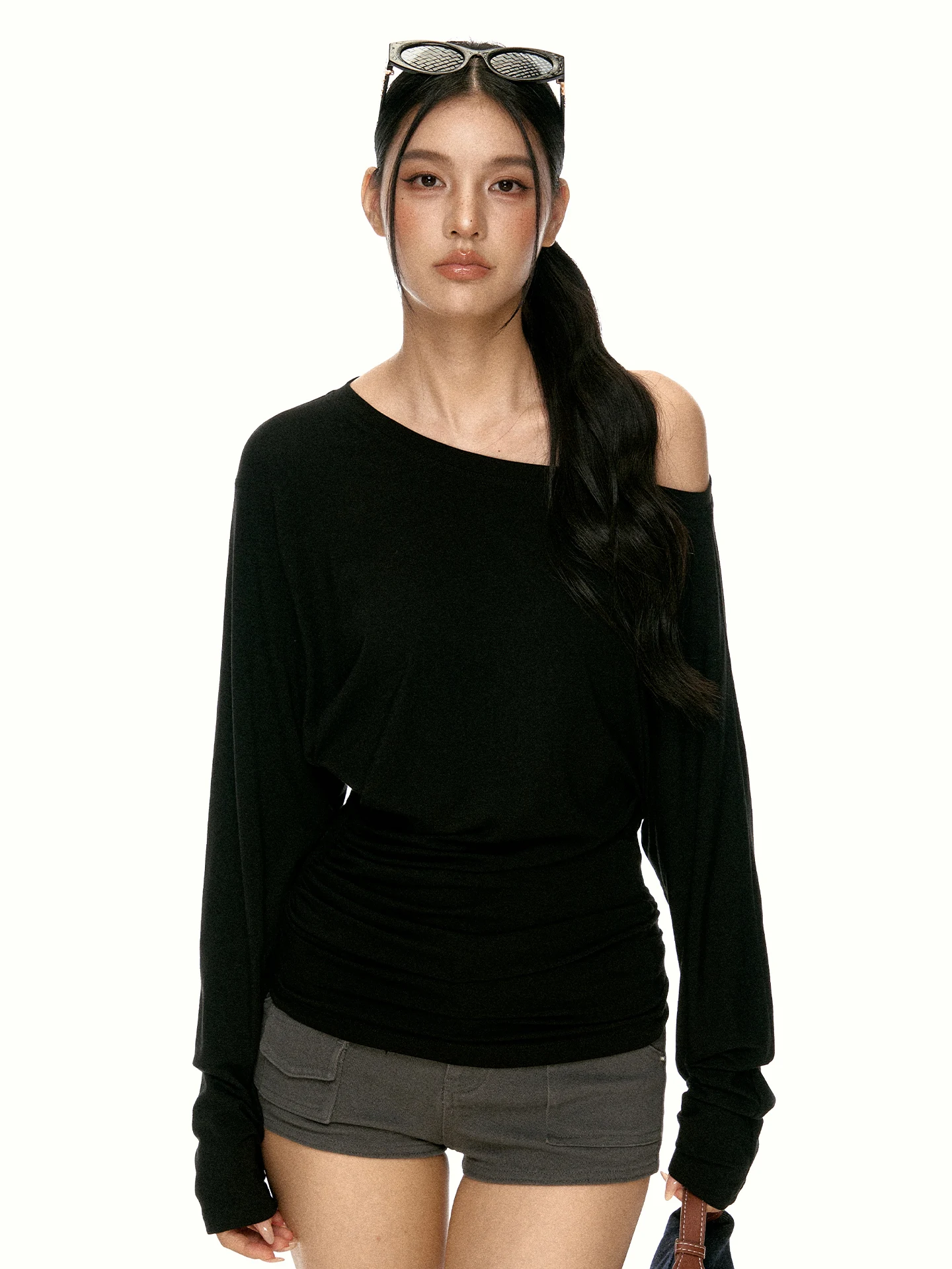 Aaisup Black Rylee Long Sleeve Shoulder Bared Women's T-shirt Loose Fit Sun Protection Casual Style Slimming Effectiveness