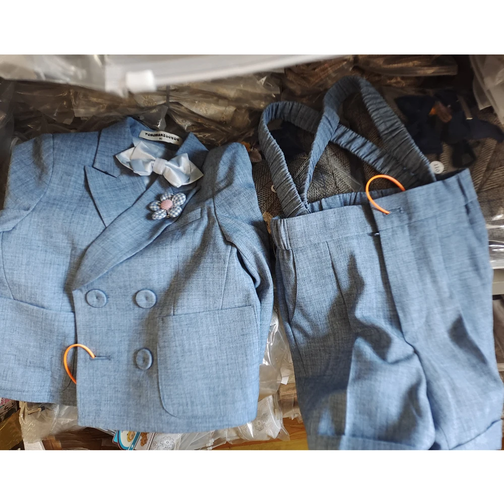 Boys Suit For Weddings Birthday Little Boy Gentleman Outfit Formal Suits Children Blue Coat Strap Shorts Bow Tie Clothes Set