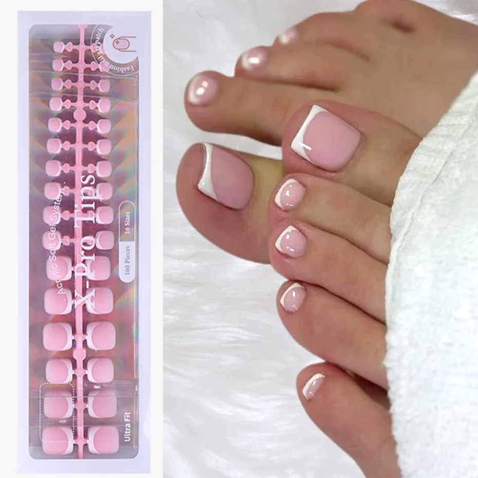

160pcs White Pink French Fake Press on Fake Nails Tips Short Square Full Cover Artificial Acrylic Fake Toenails For Nail Salons