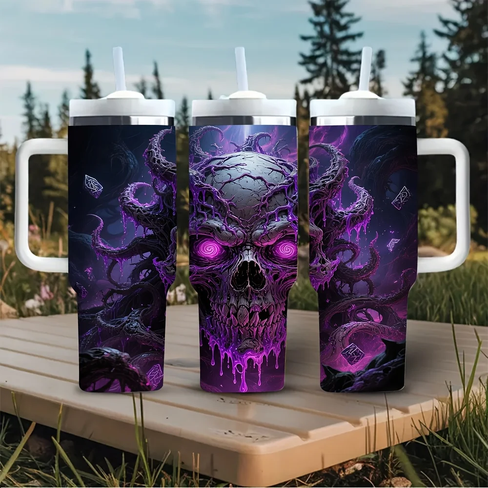 40oz Stainless Tumbler with Handle & Cool Purple Skull Tentacle - Suitable for Hot/Cold Drinks, for Office, Travel, Camping, for All- Use, Hot Transfer Print for /Beer Festival