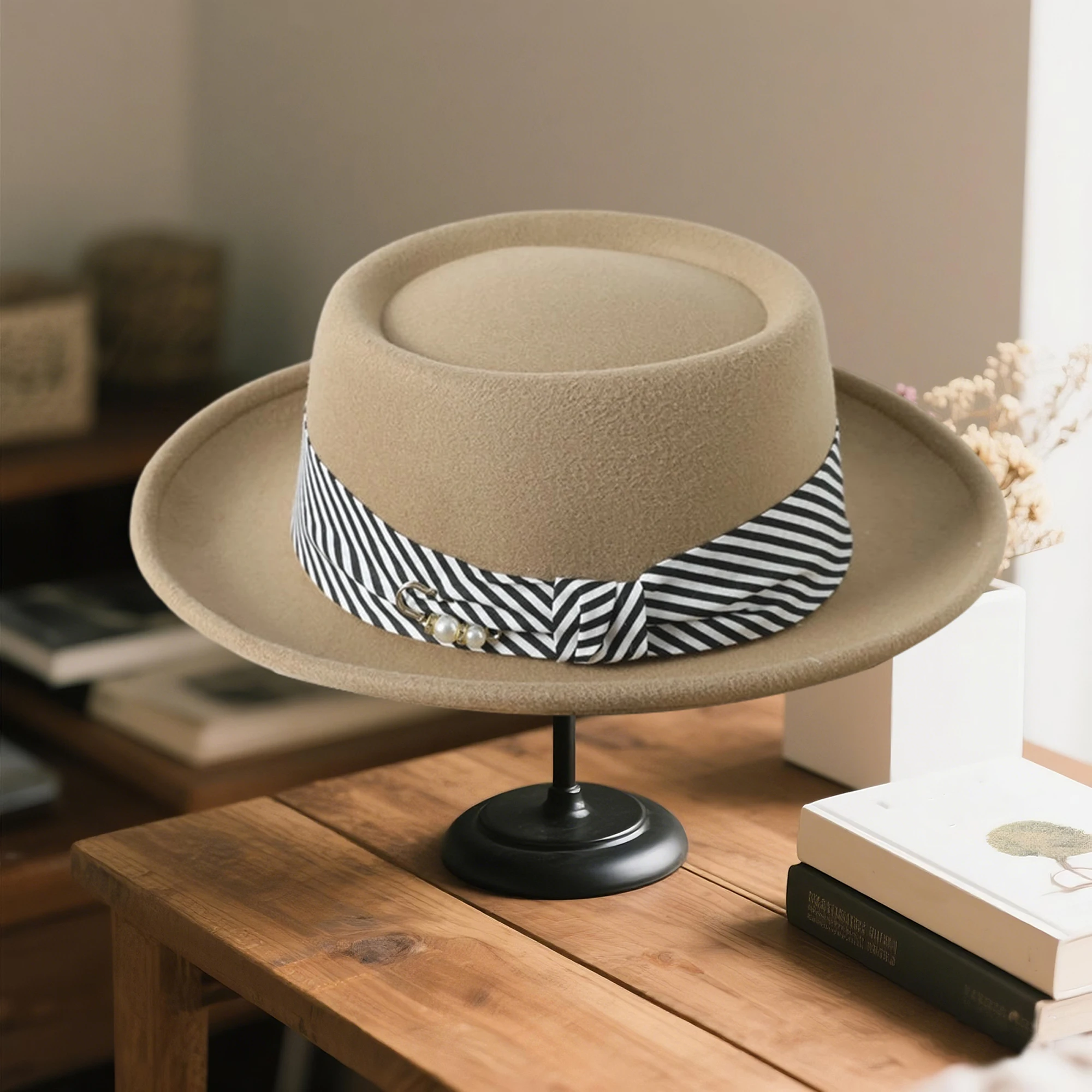 Vintage Style Woolen Cloche Hat with Striped Belt and Curled Edge Detail Elegant Fedora Cap for Parties and Special Occasions