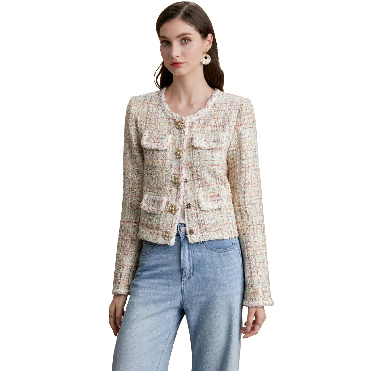 Wiosna Jesień 2025 Nowa Elegancka, Gruba, Haftowana, Diamentowa Tweedowa Odzież Wierzchnia Damska, Elegancki Płaszcz z Poliestru do Pracy