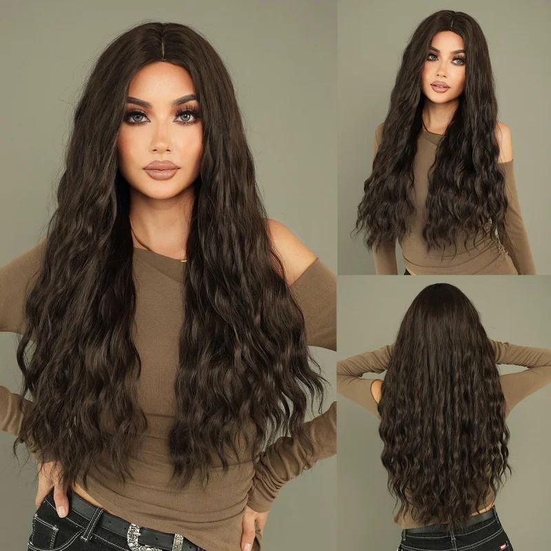 European and American women's black , wavy long curly hair, middle-parted natural synthetic fiber full wig