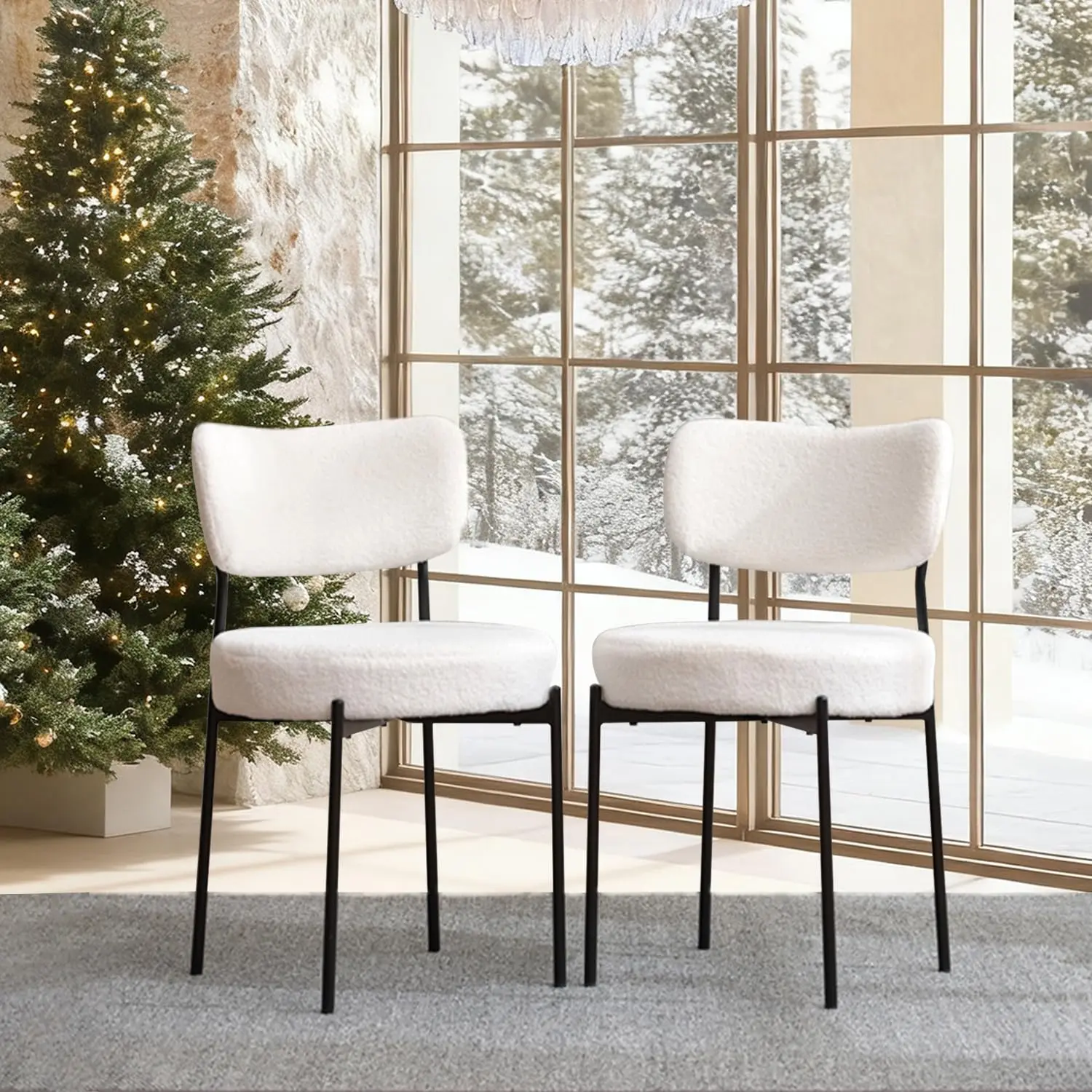 

Комплект из 2 обеденных стульев из букле толщиной 3,7 дюйма с изогнутой спинкой, металлическими ножками и нескользящими накладками для кухни и гостиной, на заказ