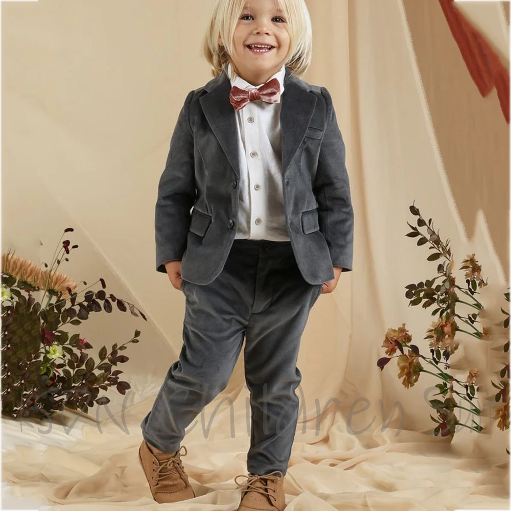 Solid Gray Boys Suit Two Pieces Wedding Kids Tuxedo Elegant Velvet Single Breasted Formal Blazer with Pants Children's Set