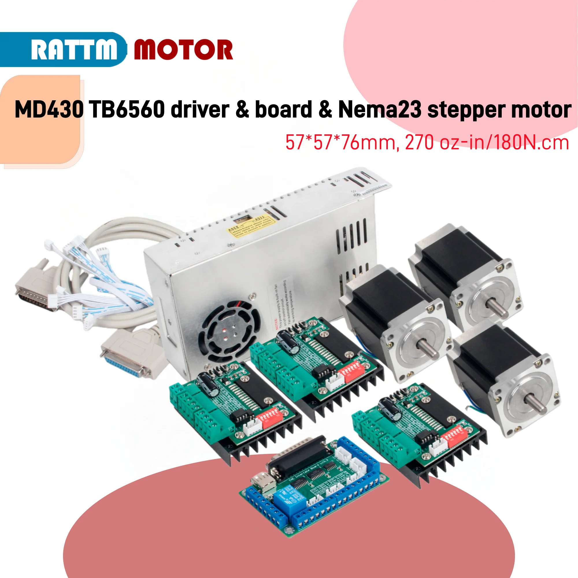 3 /4 Axis USB MACH3 CNC Controller Kit Nema23 stepper motor 270oz.in 76mm&MD430 TB6560 driver& interface board & 350W Power supp