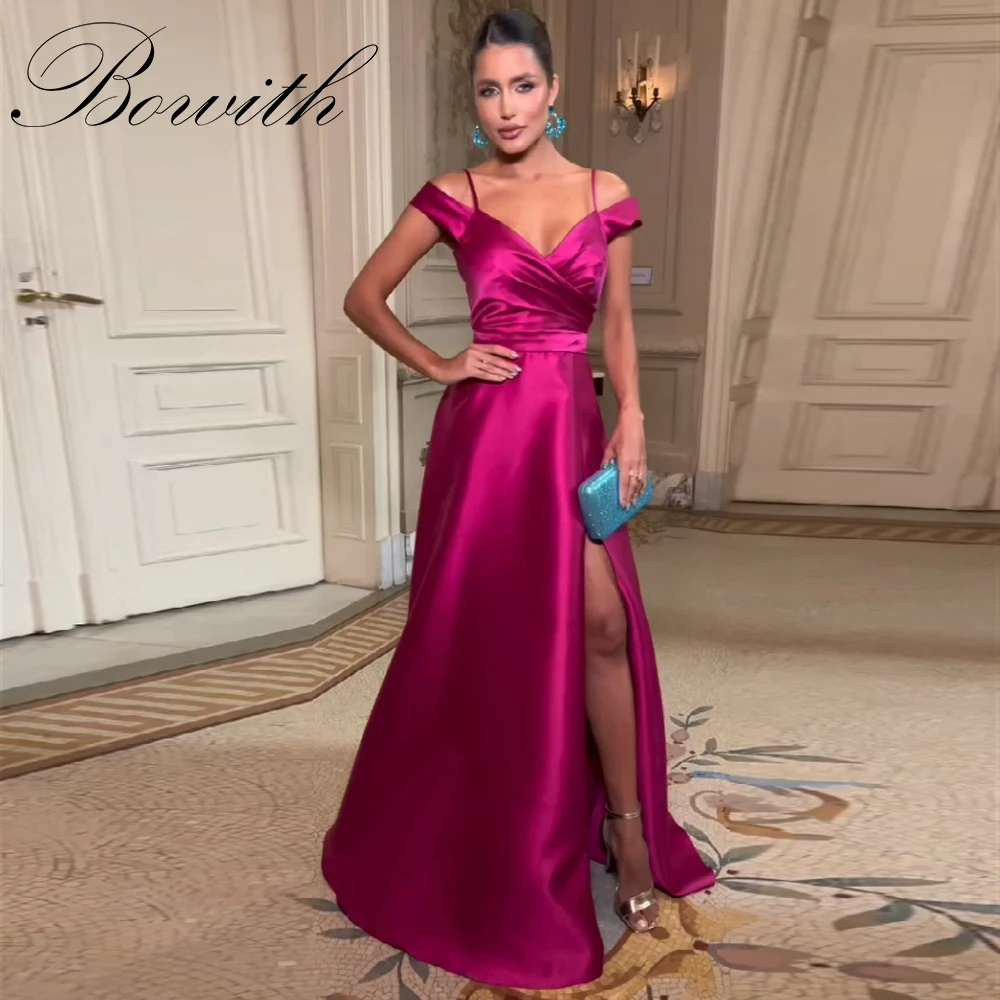 

Bowith Hot Pink Formal Evening Dresses Satin Side High Slit Spaghetti Strap Off the Shoulder Party Prom Gowns Customized Gown