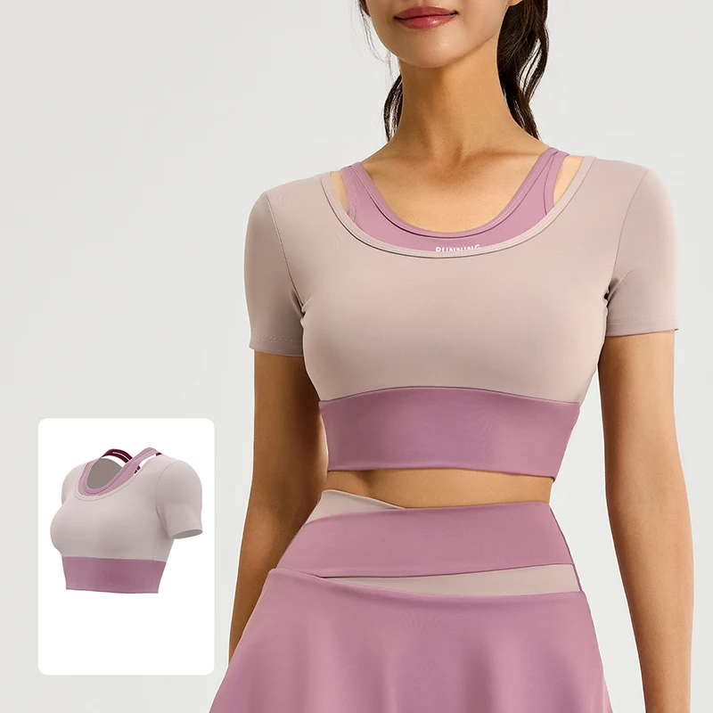 Fashion Patchwork Yoga T Shirt Women Summer Sexy Tight Short Sleeve Crop Top Tight Butter Gym Comprehensive Training Yoga Tees