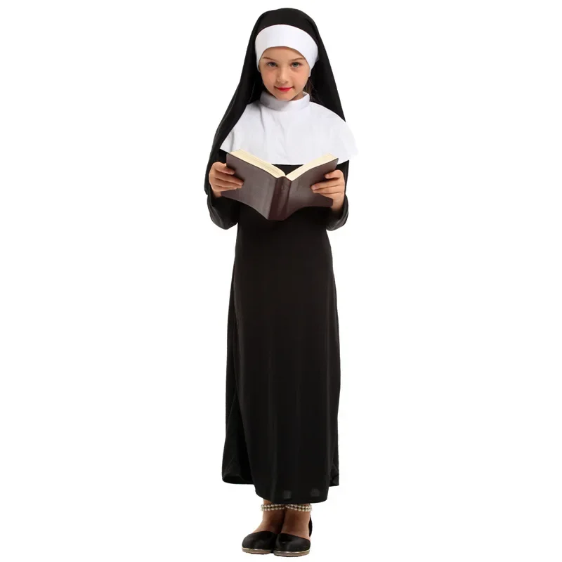 Girls Christian Catholic Religion Missionary Nun Black Costume Child Halloween Book Week Purim Party Fantasy Fancy Dress