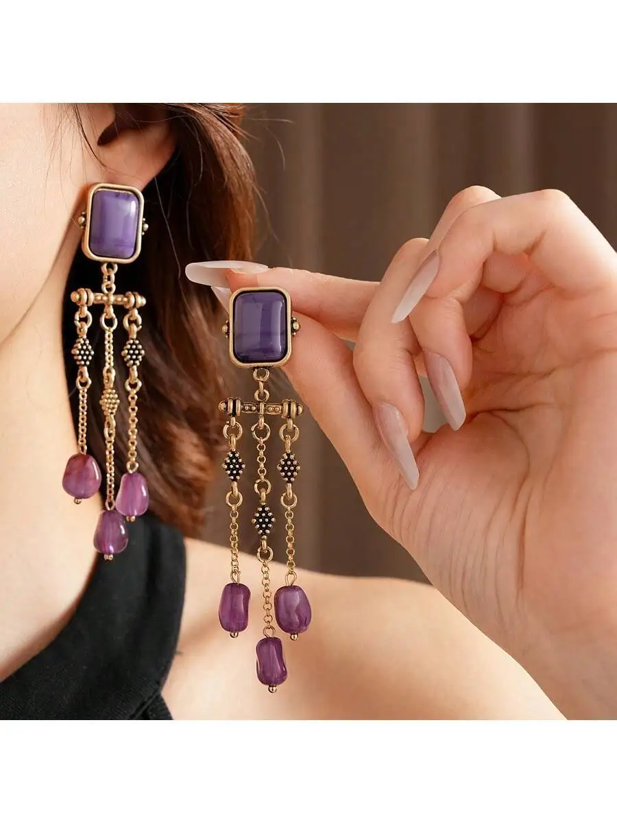 

Square Tassel Drop Earrings With Retro Vintage Design For Women